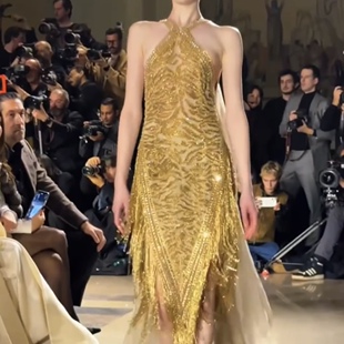 鎏金夏夜华丽金色水晶流苏礼服长裙 珠钻刺绣宴会生日订婚演出服