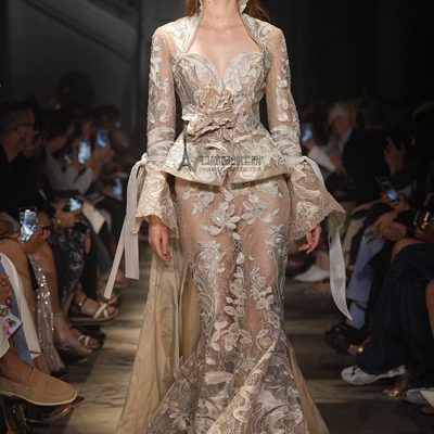 eliesaab藤蔓花园蕾丝鱼尾婚纱礼服 新娘宫廷香槟金晚宴礼服长裙