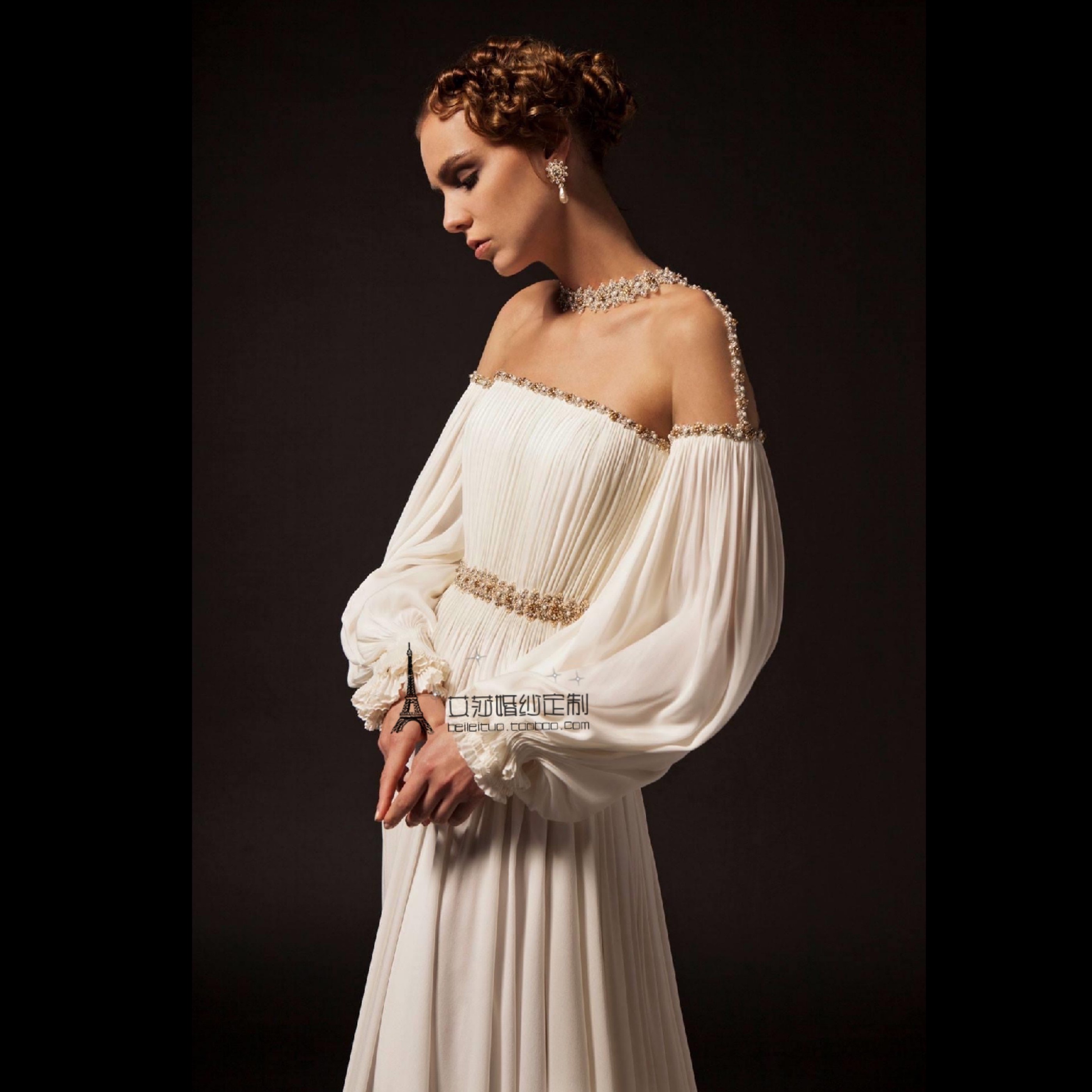 复古简约泡泡袖鱼尾婚纱 希腊女神 新娘公主一字肩婚纱草坪婚礼