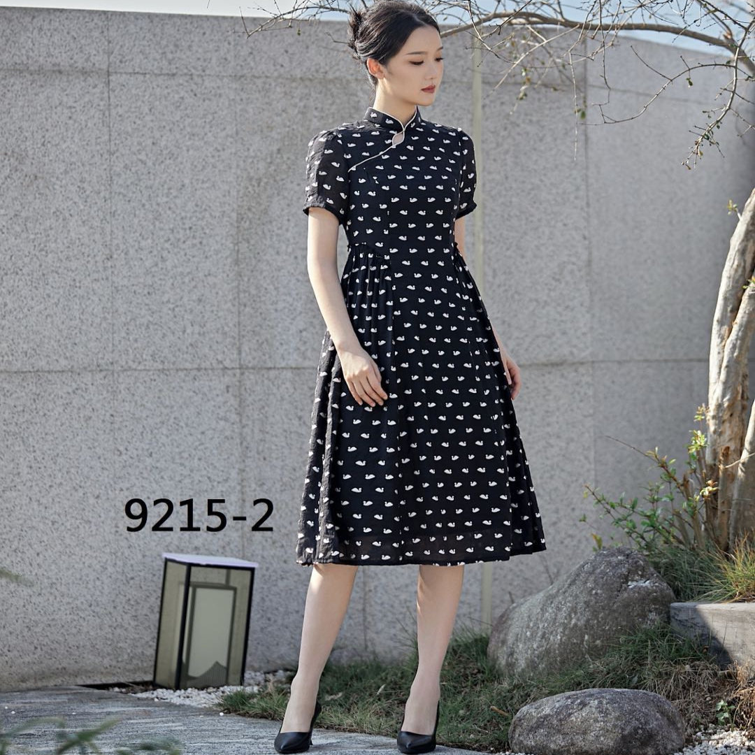G9215-2夏季新款黑色女士风修身高腰显瘦设计感短袖袖气质中长款