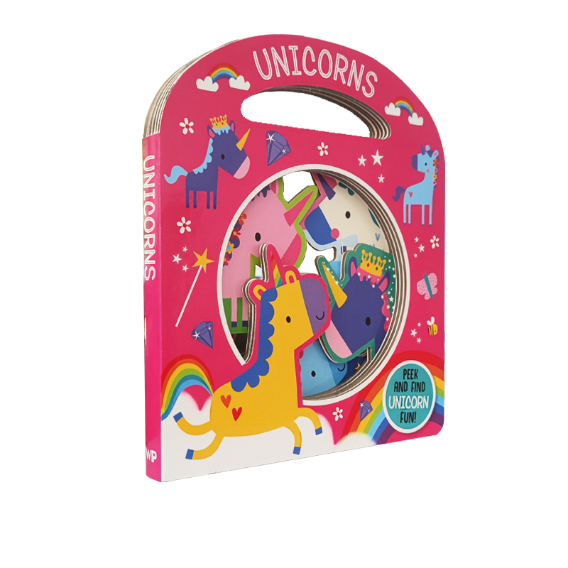 英文原版 Busy Windows Unicorns 异型镂空设计 手提袋造型纸板书 幼儿英语早教启蒙触摸洞洞书 亲子互动