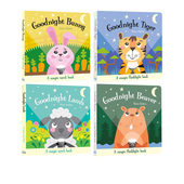 Goodnight 4册合售 魔法手电筒书 Monkey Frog Bear Lion 英文原版 透视绘本 幼儿益智绘本 Magic Book Cat Dog Torch