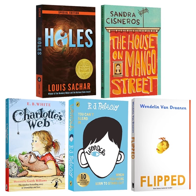 英文原版经典儿童文学小说 5册 夏洛特的网Charlotte's Web 别有洞天Holes 奇迹男孩Wonder 怦然心动Flipped 芒果街小屋 680L-790L