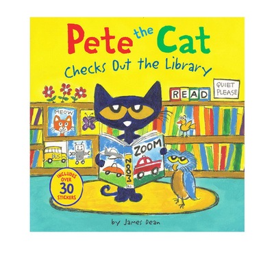 英文原版 Pete the Cat Checks Out the Library 皮特猫在图书馆 儿童图画故事书 亲子互动绘本 附贴纸 James dean