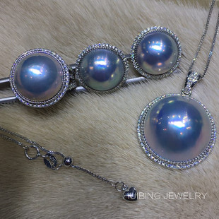 慧冰马贝珠耳钉18k金戒指 吊坠 海水珍珠银灰幻彩蓝晕彩 新年礼物