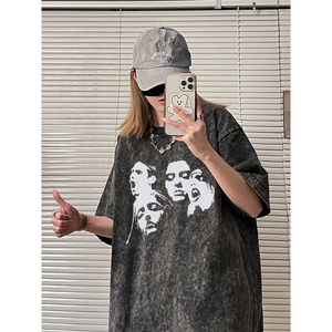 夏季新款潮中性女装人头印花水洗潮T圆领短袖T恤半袖X1301-P38图片