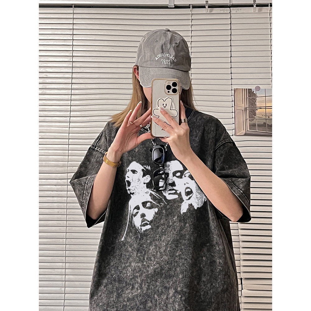 夏季新款潮中性女装人头印花水洗潮T圆领短袖T恤半袖X1301-P38,女装T恤,电商C310