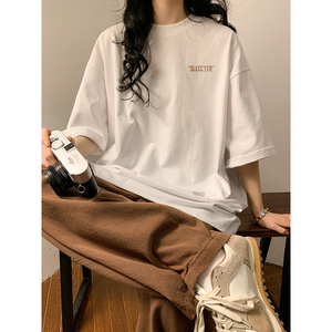中性女装新款潮简约字母印花百搭短袖T恤半袖上衣班服S1258-P25酒图片