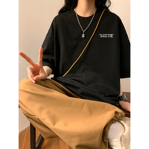 中性女装新款潮简约字母印花百搭短袖T恤半袖上衣班服S1258-P25酒图片