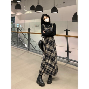 秋冬格子吊带裙叠穿两件套女新款 复古高领内搭打底上衣连衣裙套装