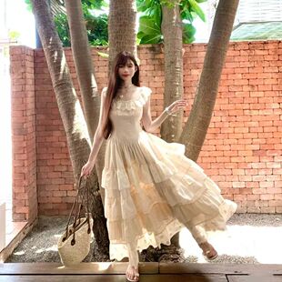茶歇在逃公主长裙女2025夏花园轻舞度假风收腰显瘦白色蛋糕连衣裙