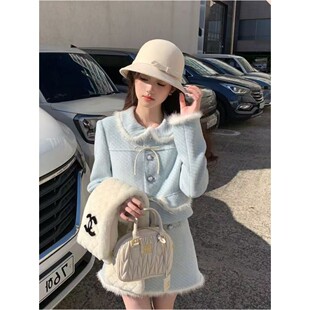 秋冬季甜美减龄娃娃领套装女小香风新款保暖毛呢外套半身裙两件套