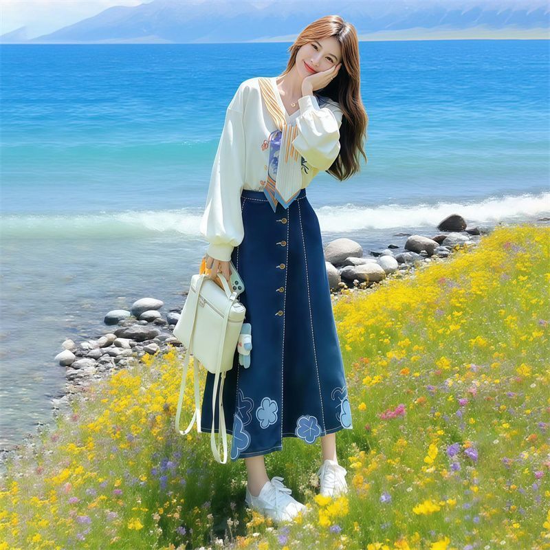春秋法式甜美温柔风花朵贴布牛仔半身裙女+丝巾绑带上衣两件套装