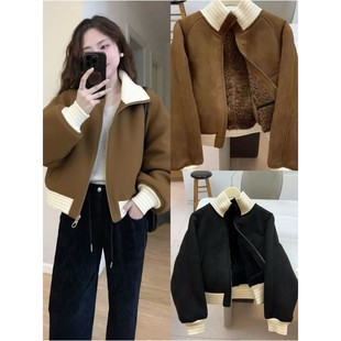 美式复古棕色拼接麂皮外套女秋冬小个子短款加绒加厚保暖夹克上衣
