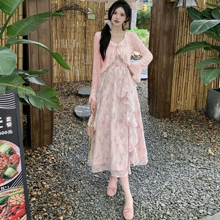 法式初恋蓝色碎花吊带连衣裙两件套春夏2025新款仙气海边度假长裙