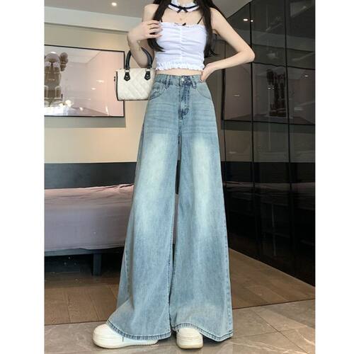 浅色阔腿高腰牛仔宽松直筒裤子女