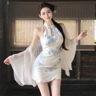 新中式时尚连衣裙套装网纱雪纺宽松防晒外套印花镂空旗袍包臀短裙