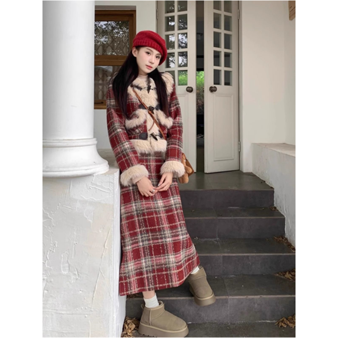 冬搭配一整套格纹外套半身裙套装