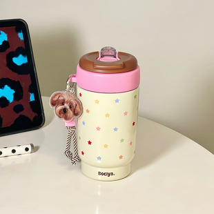 星星保温杯女士高颜值2025新款 咖啡杯外出携带学生豹纹吸管水杯子