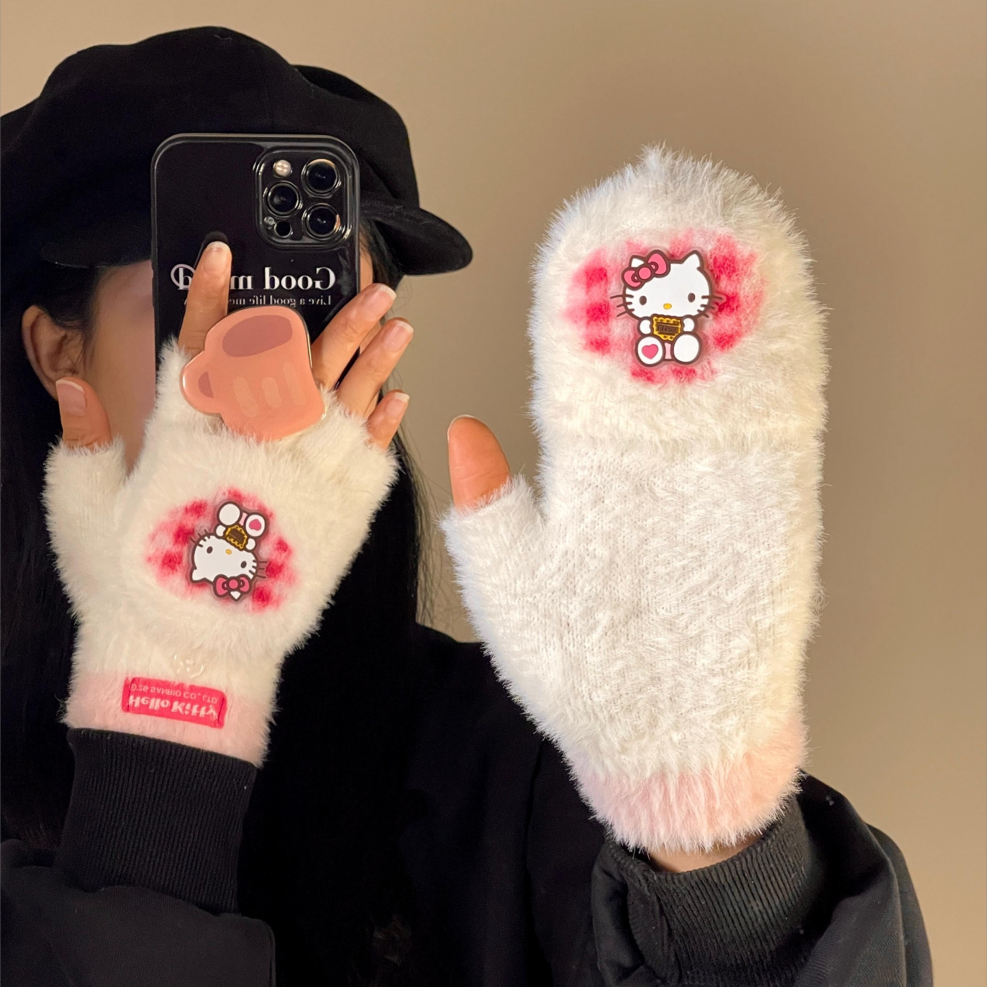 hellokitty白色可爱翻盖手套女士高颜值保暖防风露指手套可触屏