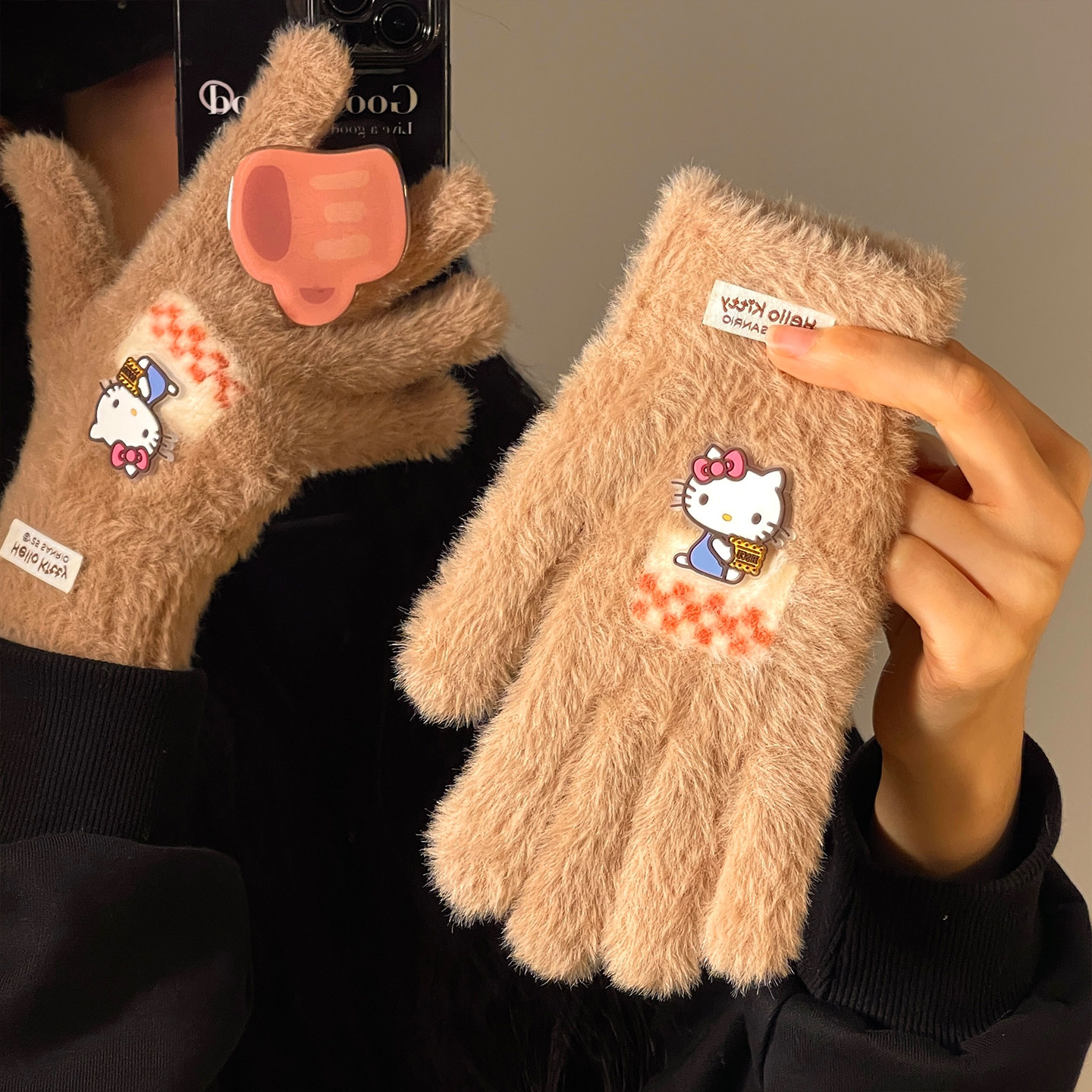 hellokitty五指毛绒可触屏手套女