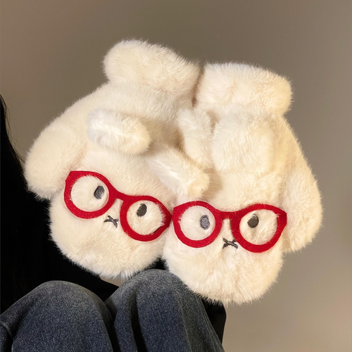 眼镜萌兔毛绒加厚手套