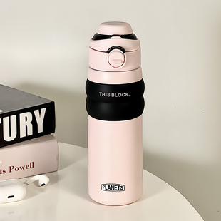 2024新款黑粉带吸管直饮两用一盖双饮口成人高颜值女生保温水杯子