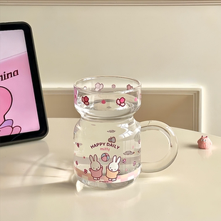 食品级耐高温特别好看的米菲兔杯子女士桌面单层玻璃水杯带把手