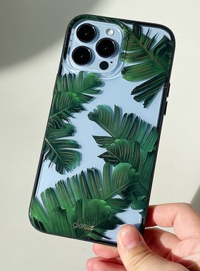 sonix绿色棕榈叶适用苹果14 Pro 奢华全包透明壳手机壳iPhone 15 Pro Max小众时尚奢华防摔高级树叶13保护套
