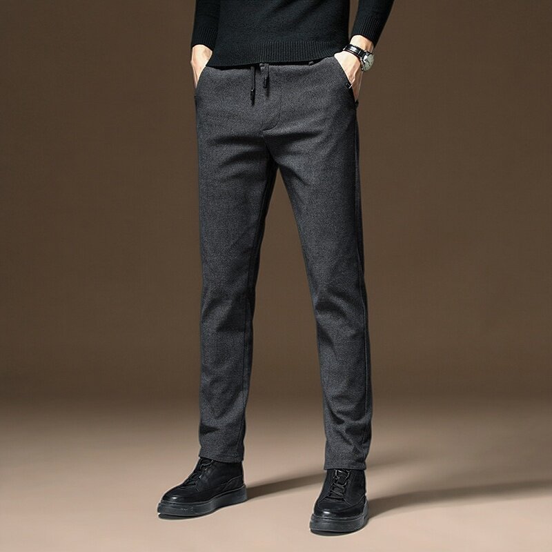磨毛休闲裤男士秋冬款松紧腰直筒商务加绒裤子男加厚冬季西裤长裤