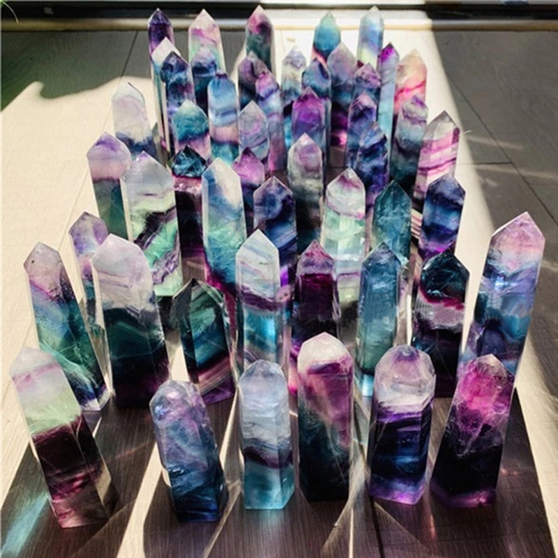 天然水晶原石七彩萤石六棱柱矿物晶体矿石标本奇石宝石石头小摆件