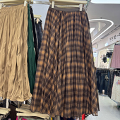 复古格纹网纱不规则半身裙显瘦垂感层次中长款 秋季 新款 A字长裙女