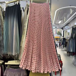 2025新款夏季跨境外贸显瘦雪纺波点百褶裙黑色中长款高腰半身裙女