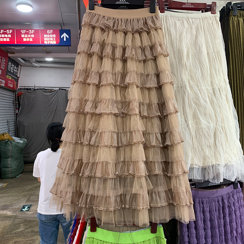 网纱蛋糕腰蓬蓬A字长裙子