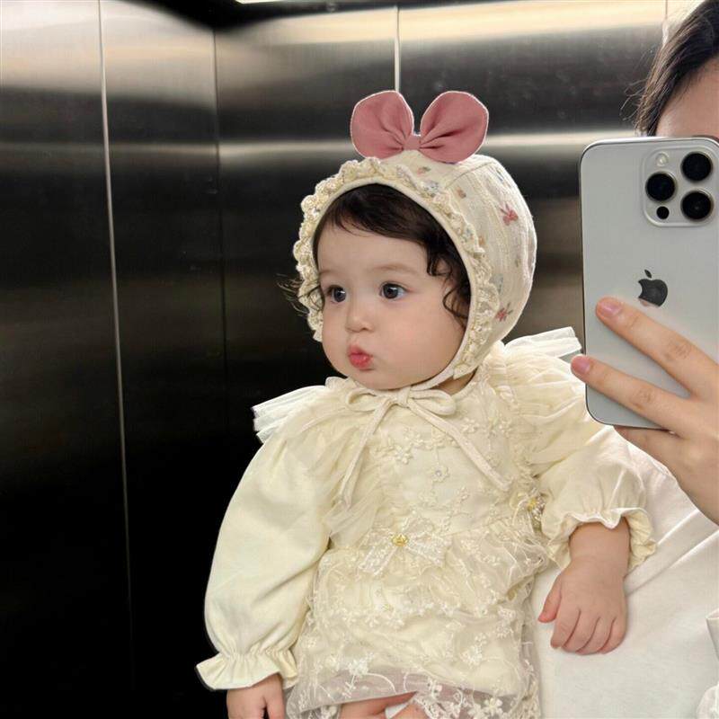 小月龄婴儿外出帽子夏薄款女宝宝胎帽新生儿蝴蝶结蕾丝花边包头帽