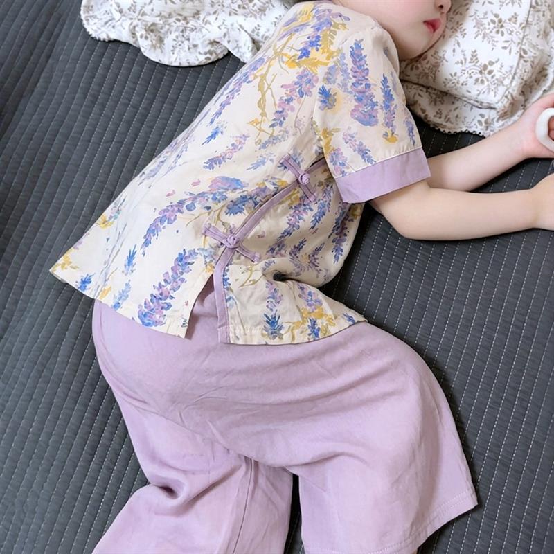 母女装洋气新中式国风亲子装中大童短袖九分裤棉绸两件套日常可穿