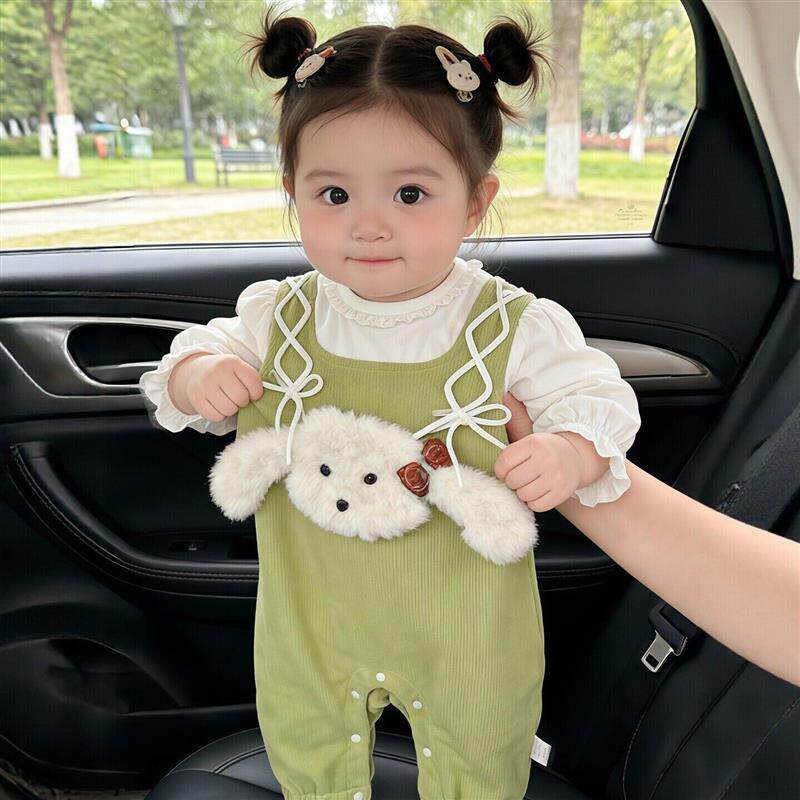 连体衣婴儿春装女宝宝假两件卡通兔子背带裤套装可爱超萌外出爬服