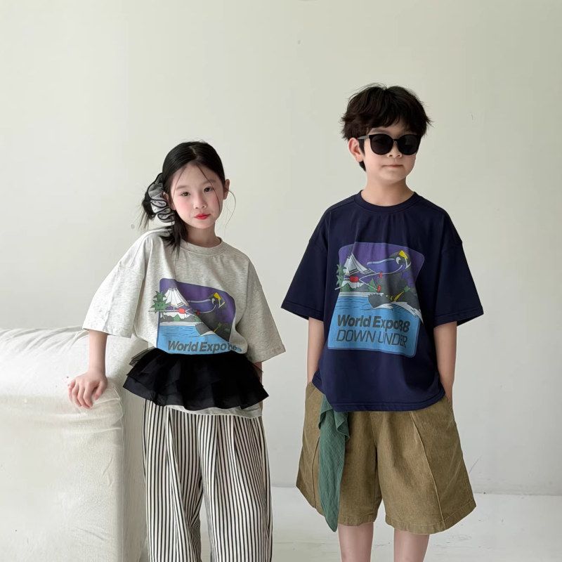 末小蒙童T恤2026夏季男童女童韩版卡通字母短袖儿童圆领休闲上衣