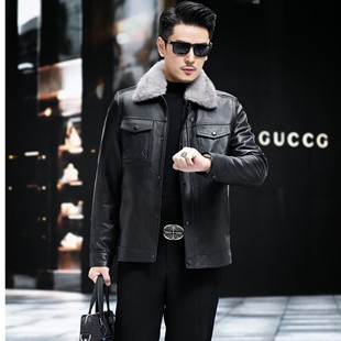 NOBLE 头层小牛皮翻领保暖可脱卸内胆商务皮夹克 DUKE8196款