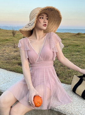 性感钢托聚拢V领连体泳衣女2025新款高级感大码胖mm显瘦遮肚保守