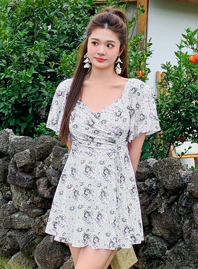 碎花复古大码遮肉显瘦胖mm泡温泉游泳衣连体裙式2025新款保守短袖