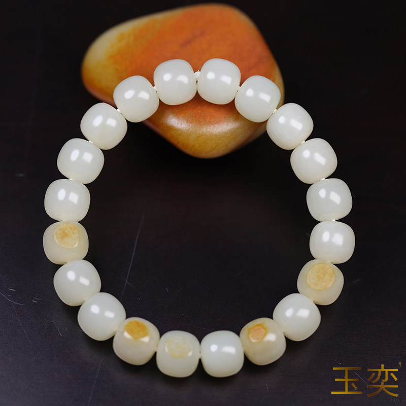 【玉奕】z24新疆和田玉籽料9/10mm白玉洒金皮老型珠单圈特色手串