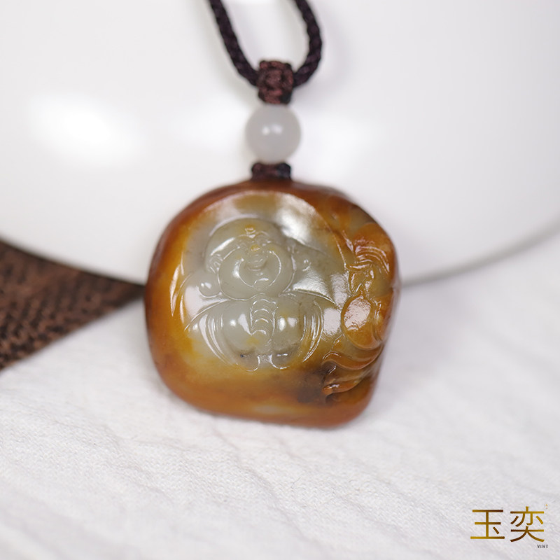 玉奕黄沁独籽特色玉佛弥勒佛挂件