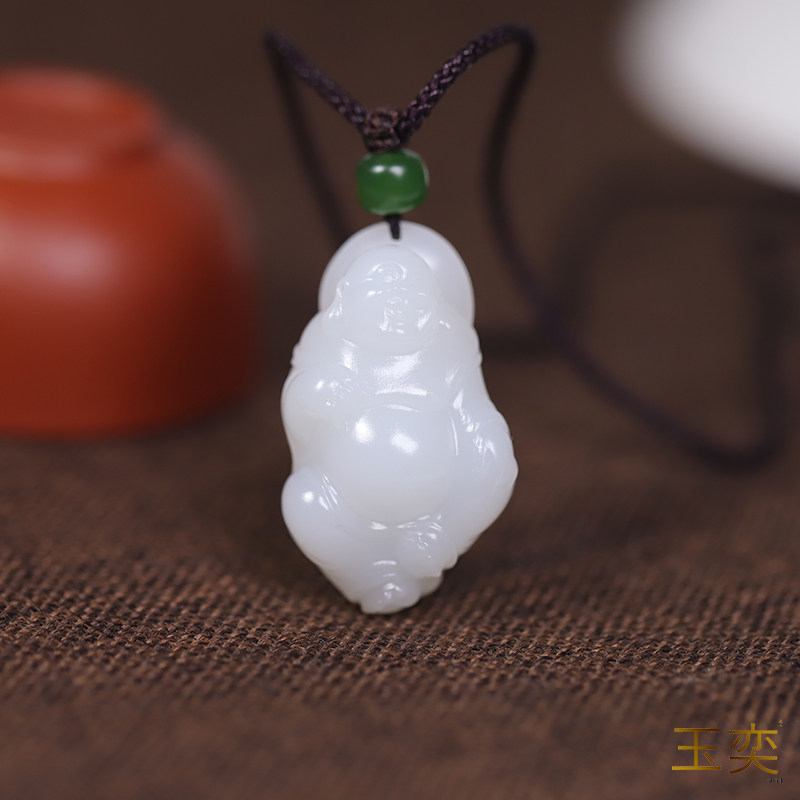 玉奕玉雕工作室17.8克新疆和田玉籽料白玉弥勒佛笑佛典藏脂白玉佛