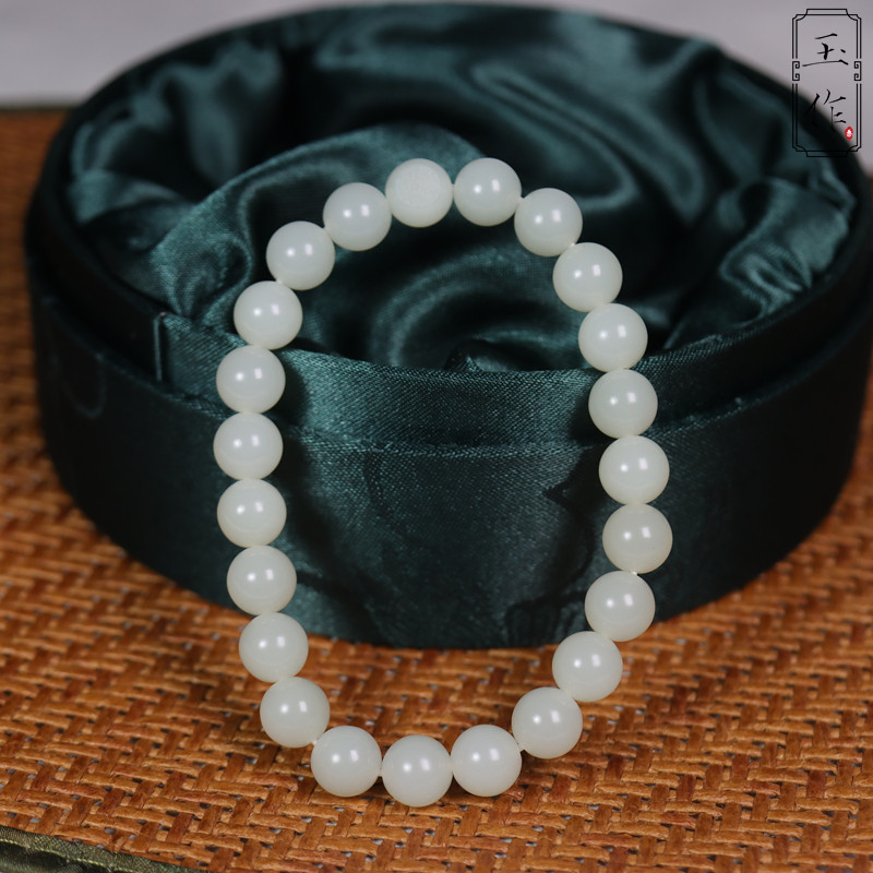 玉奕新疆和田玉籽料8mm白玉圆珠单圈手串男女珠串链子手串