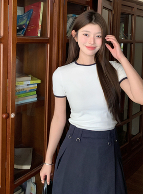 1ess la mode藏青色罗拉撞色圆领正肩短袖修身T恤棉质夏休闲韩