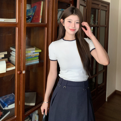 1ess la mode藏青色罗拉撞色圆领正肩短袖修身T恤棉质夏休闲韩