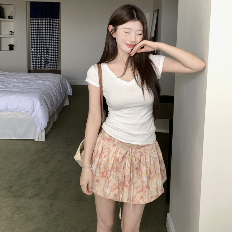 1ess la mode基础V领正肩修身短袖百搭上衣纯欲风女新款夏显瘦