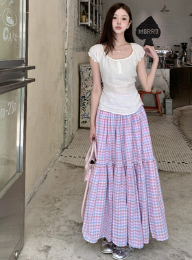 1ess la mode格纹大裙摆半身长裙甜妹度假风25夏韩系A字百褶复古