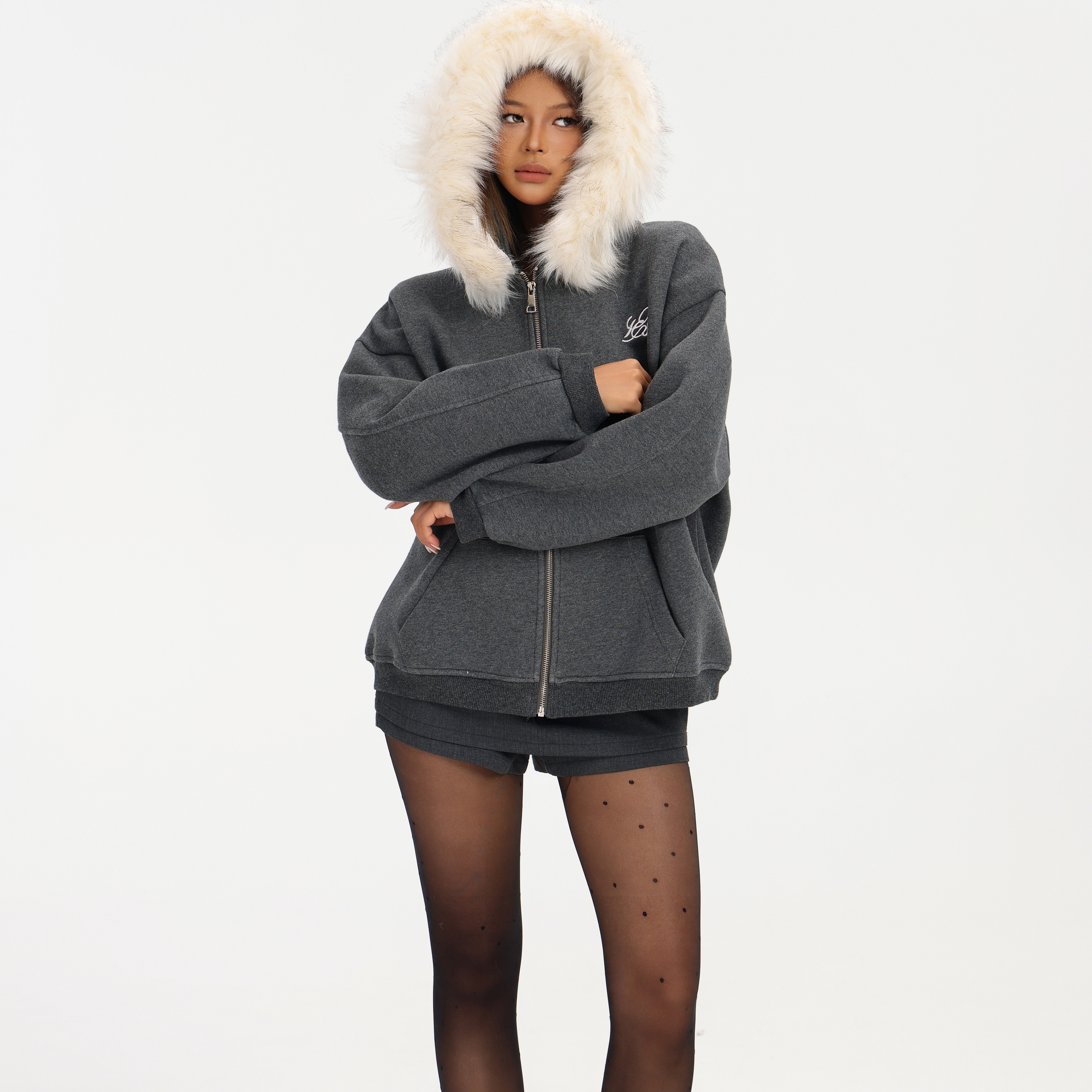 1ess la mode石炭灰重工廓形毛领外套女秋休闲慵懒外套连帽卫衣冬